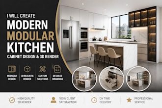create modern modular kitchen cabinet design with 3d render
