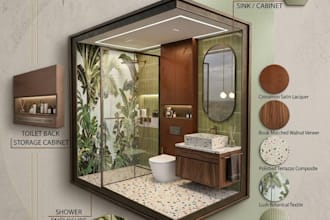 design a modern biophilic interior mood board and material board