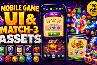 design mobile game UI and match 3 game assets UI UX
