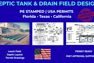 do septic tank design drain field layout with pe stamp for USA permits