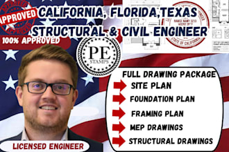 architectural structural civil engineer plan, california florida texas pe stamp