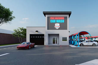 create realistic 3d car wash, auto detailing shop and car care center design
