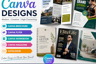 design canva brochure, canva fliyer, canva workbook, canva magazine, catalogue
