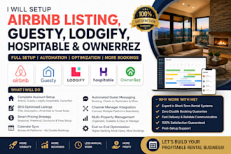 setup airbnb listing, guesty website, lodgify hospitable and ownerrez website