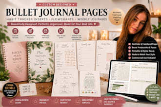 design bullet journal pages, habit tracker inserts, flowcharts, weekly log pages