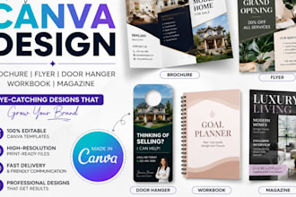 design canva brochure, canva fliyer, canva workbook, canva magazine, catalogue
