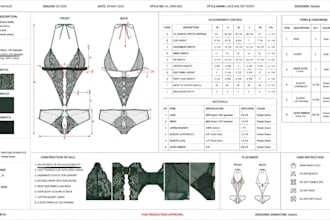 create tech packs for womens jeans, lingerie, and swimwear for manufacturing