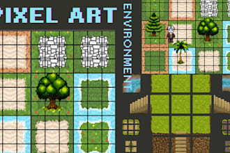 pixel art environment, tileset, background, scene with parallax and animation