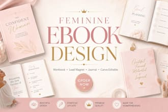 design luxury feminine ebook, wellness workbook, journal, lead magnet in canva