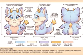 design custom plush reference sheet tech pack stuffed animal toy or ych concept