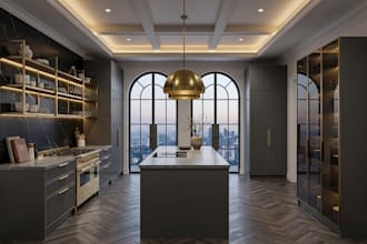 design a modern kitchen cabinet layout and ergonomic 3d plan