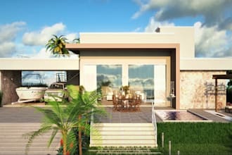 design modern ranch house, glass wall private home, forest villa exterior render
