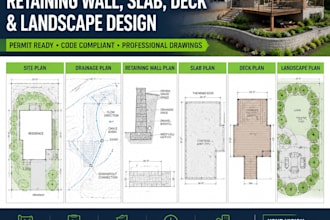 design retaining wall, site, drainage, slab, deck, and landscape plans