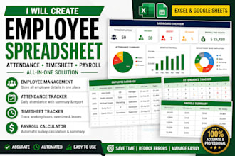 create employee spreadsheet, timesheet, attendance and payroll tracker in excel