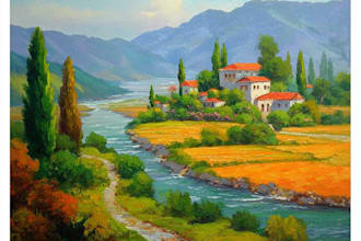 paint landscape in real oil painting on canvas