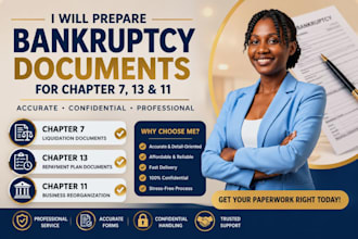 prepare bankruptcy documents for chapter 7, 13 and 11 as bankruptcy attorney