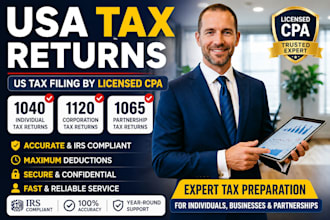 usa tax returns, US tax filing by licensed CPA 1040 1120 1065 prep service