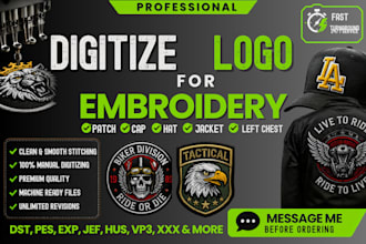 digitize logo for embroidery patch cap hat jacket left chest dst pes exp files