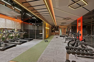 commercial gym building,fitness equipment layout, recreational cgi visualization