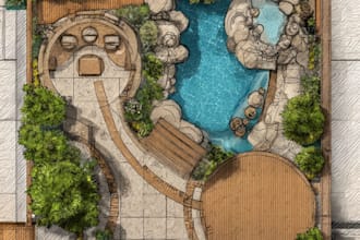 do landscapes design, garden, pool, patio, terrace fireplace, deck and rendering