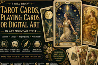 design tarot cards, oracle cards, playing cards and art nouveau illustration
