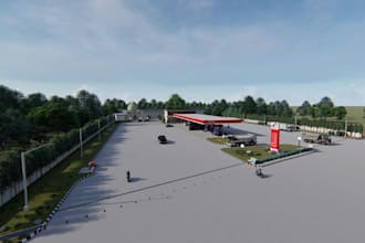 modern petrol station,ev charging hub,smart retail store,car wash,solar canopies