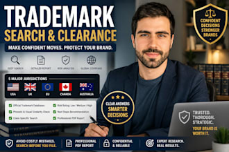 do trademark search and clearance report for USA, UK, eu, canada and australia