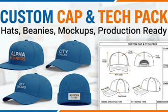design custom hats, caps, beanies with tech pack and mockup