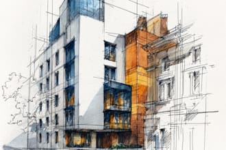 sketch architecture building with watercolor rendering