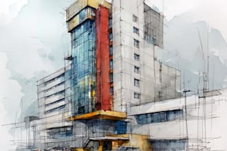 sketch architecture building with watercolor rendering