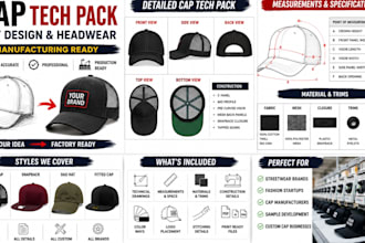 create cap tech pack, hat design, headwear tech pack for manufacturing
