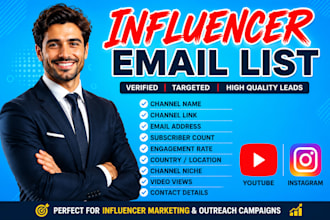 provide influencer email list  and youtube,instagram research