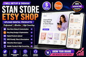 setup and design stan store, esty shop, upload digital products on stan store