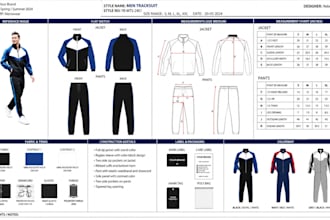 create a detailed tech packs for mens tracksuits, compression and impact vests
