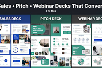 design business investor pitch deck, sales deck, webinar powerpoint presentation