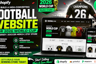 design shopify football website for 2026 world cup jersey and etsy pod merch