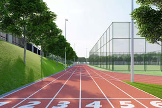 visualize sport arena,running track facility,3d field events, relay races render