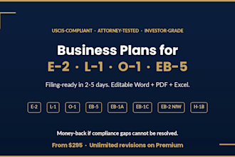 write a uscis ready e2 eb5 l1 o1 visa business plan with investor financials