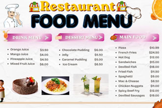 design a modern restaurant, bar, salon menu within 24 hours