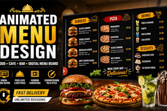 design animated food menu, cafe menu, bar menu, tv screen and digital menu board