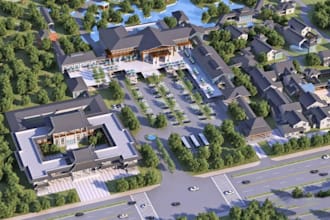 develop 3d resort complex,community housing design, cityscape exterior rendering