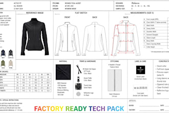 do tech pack design for womens yoga jackets, seamless bras and healing leggings