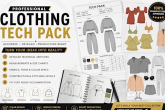 create production ready fashion clothing tech pack with flat sketch