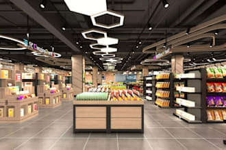 create 3d grocery store interior, food mart,space plan, retail store,mart design