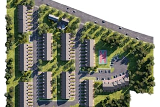 exterior rendering for modern townhouse, siteplan develop, community aerial view