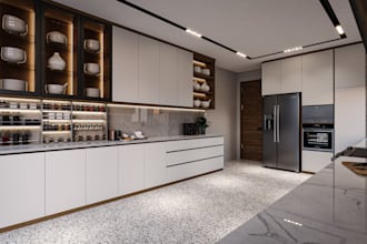 design kitchen interior custom cabinet 2d layout with realistic rendering
