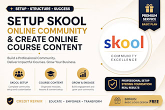 setup skool online community and create online course content, credit repair