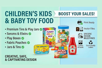 design product packaging, label for childrens kids baby toy food with 3d mockup