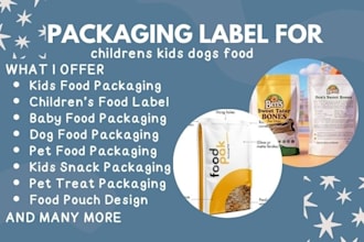 design product packaging label for children, dog treat pouch food with 3d mockup