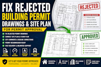 fix rejected building permit drawings and site plan for city permit approval